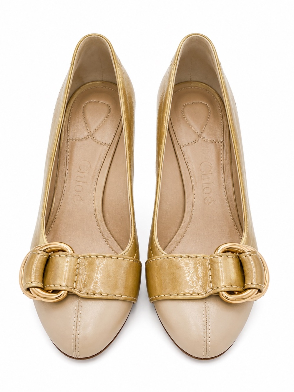 Chloe Two-Tone Gold and Cream Buckle Pumps